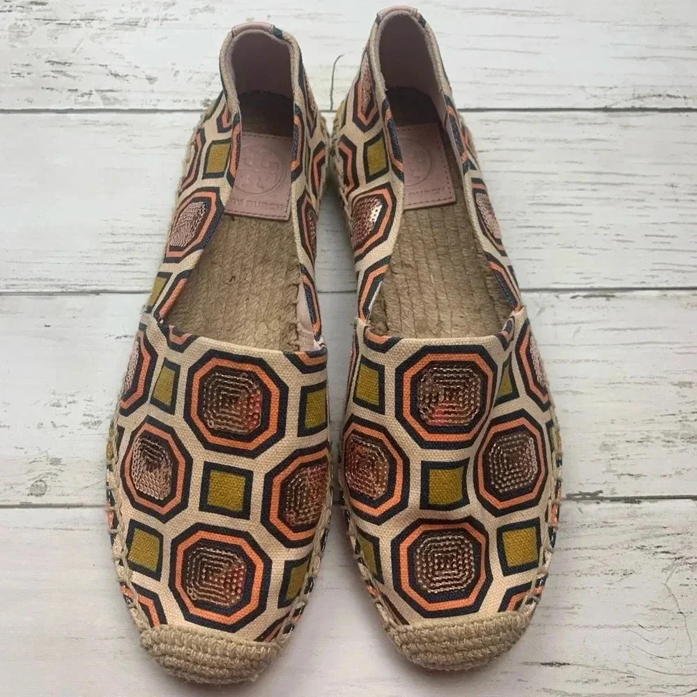 Tory Burch Cecily Sequin Embellished Espadrille 6 Flats Slip On Shoes Geometric - Picture 3 of 8